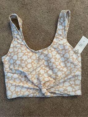 Cream Floral Ribbed Knot-Front Bikini Top